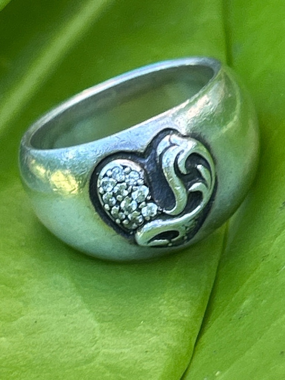 Vintage Chrome Hearts Heart in Band Pave Diamond Silver Ring size 7-7.25